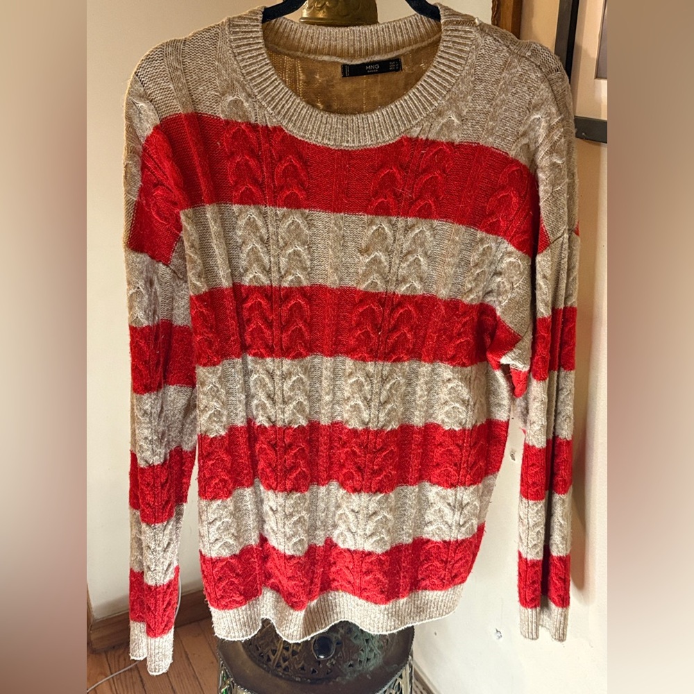Red and Tan Striped Cable Knit Sweater By MNG